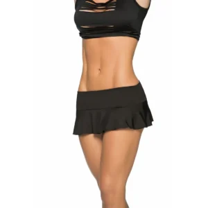 Saia franzida mini babados poliéster elastano cintura alta ajuste curto elegante verão festa casual preta