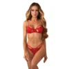 Matildea conjunto lingerie aberto vermelho renda elegante sutiã aro realça busto alça decorativa corrente dourada decote tanga aberta detalhe costas