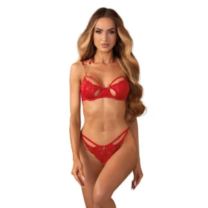 Matildea conjunto lingerie aberto vermelho renda elegante sutiã aro realça busto alça decorativa corrente dourada decote tanga aberta detalhe costas