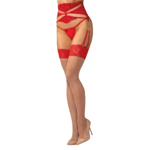 meias cintaliga pele transparente renda vermelha padronagem complexa macias elásticas ajustáveis coleção Matildea sensuais coxas delicadas