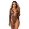 Soranna body mangas compridas malha transparente reflexos dourados ajustado realça curvas sensualidade sutil elegante refinado fecho ajustável entreperna corte justo