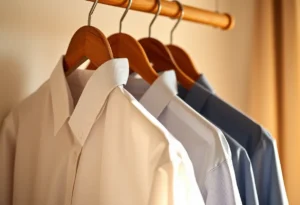 Suaves camisas penduradas em um cabide de madeira