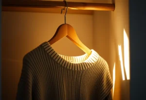 Suéter dobrado em um cabide em um armário iluminado, focando na suavidade do tecido, moda sustentável