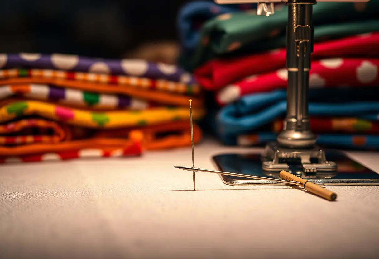 Agulha e linha sobre uma mesa de costura com tecidos coloridos ao lado, destacando a arte da costura, moda sustentável