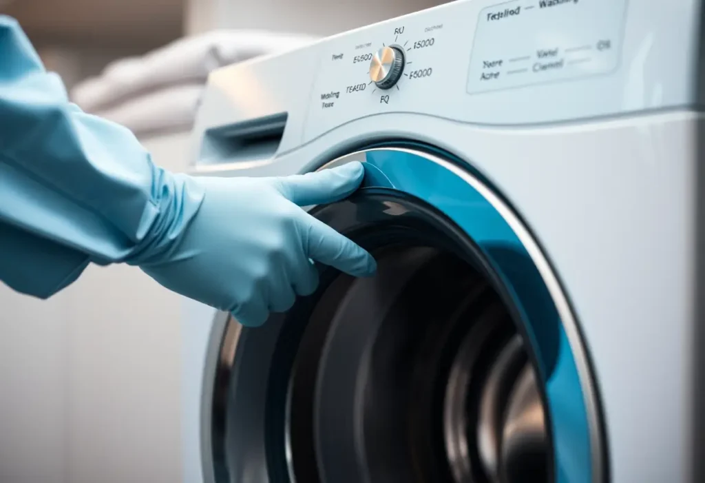 Mão de técnico ajustando o controle de temperatura de uma máquina de lavar roupa
