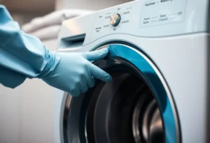 Mão de técnico ajustando o controle de temperatura de uma máquina de lavar roupa