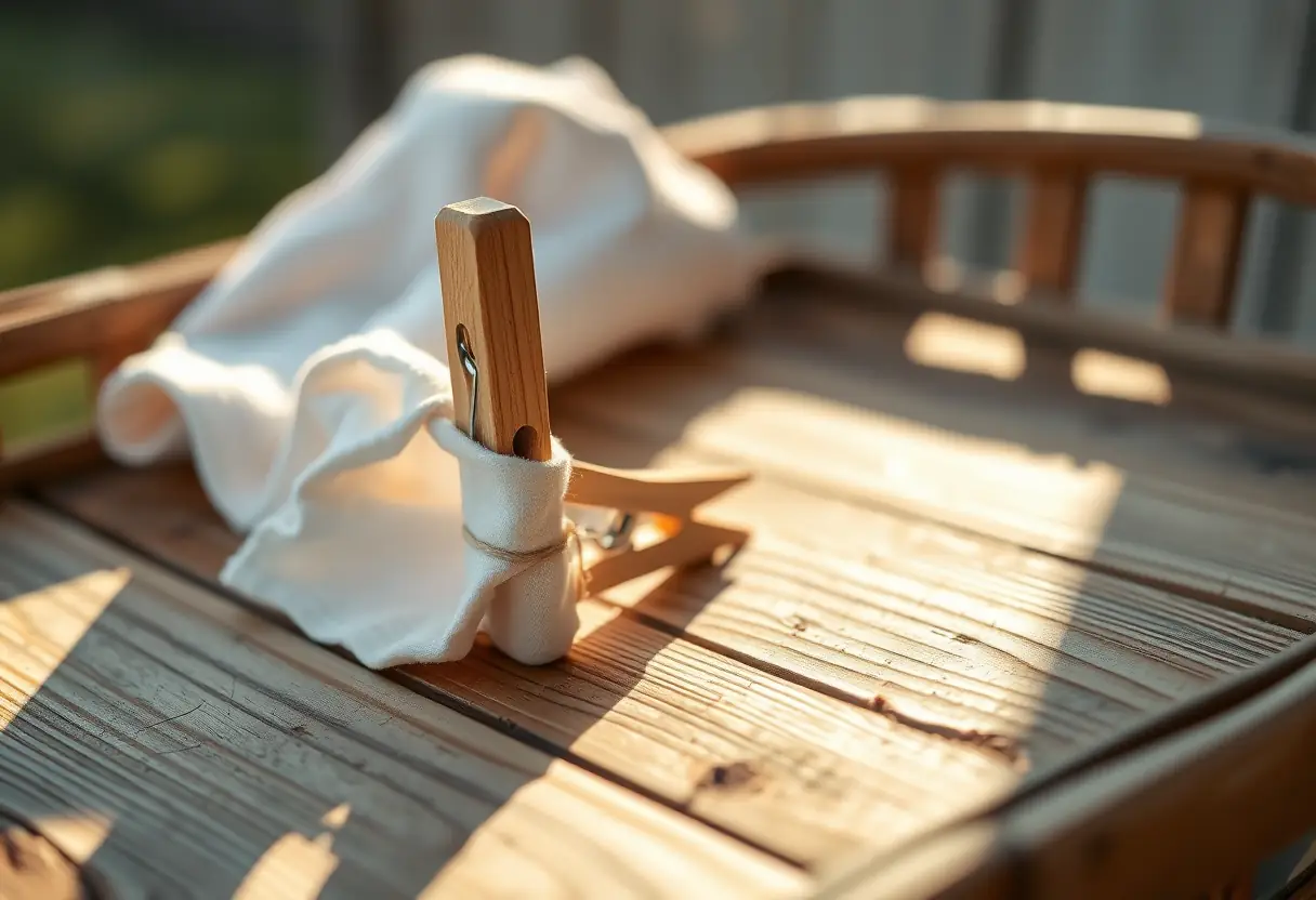 Graveto de madeira segurando pano em cesta de roupas