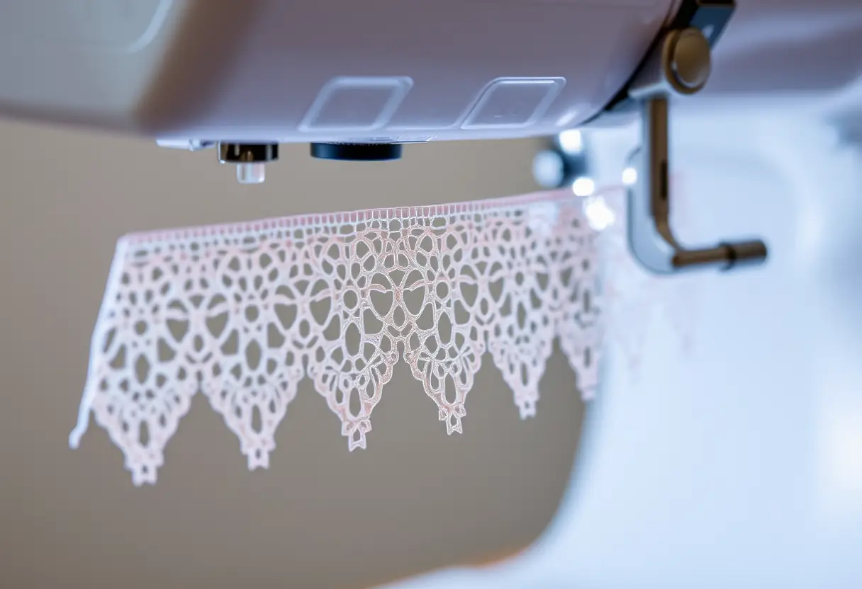 renda delicada pendurada em uma máquina de costura