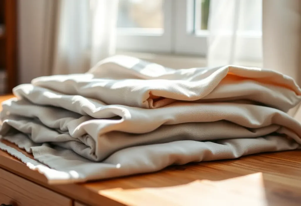 Vista de roupa dobrada em uma cômoda com luz matinal