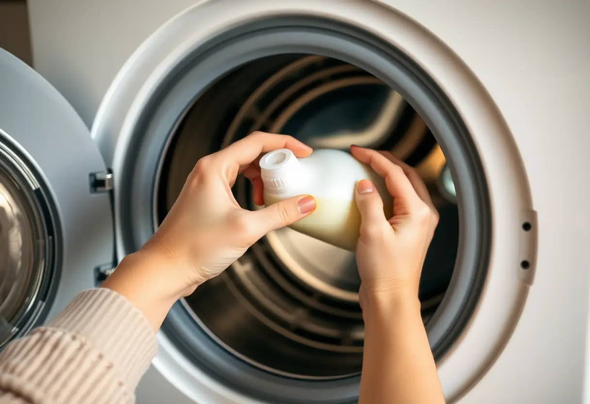 Mão derramando detergente líquido em máquina de lavar