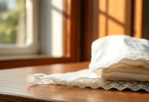 Forro de renda delicadamente dobrado em uma mesa