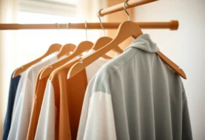 Suporte de madeira com roupas dobradas em um provador bem iluminado