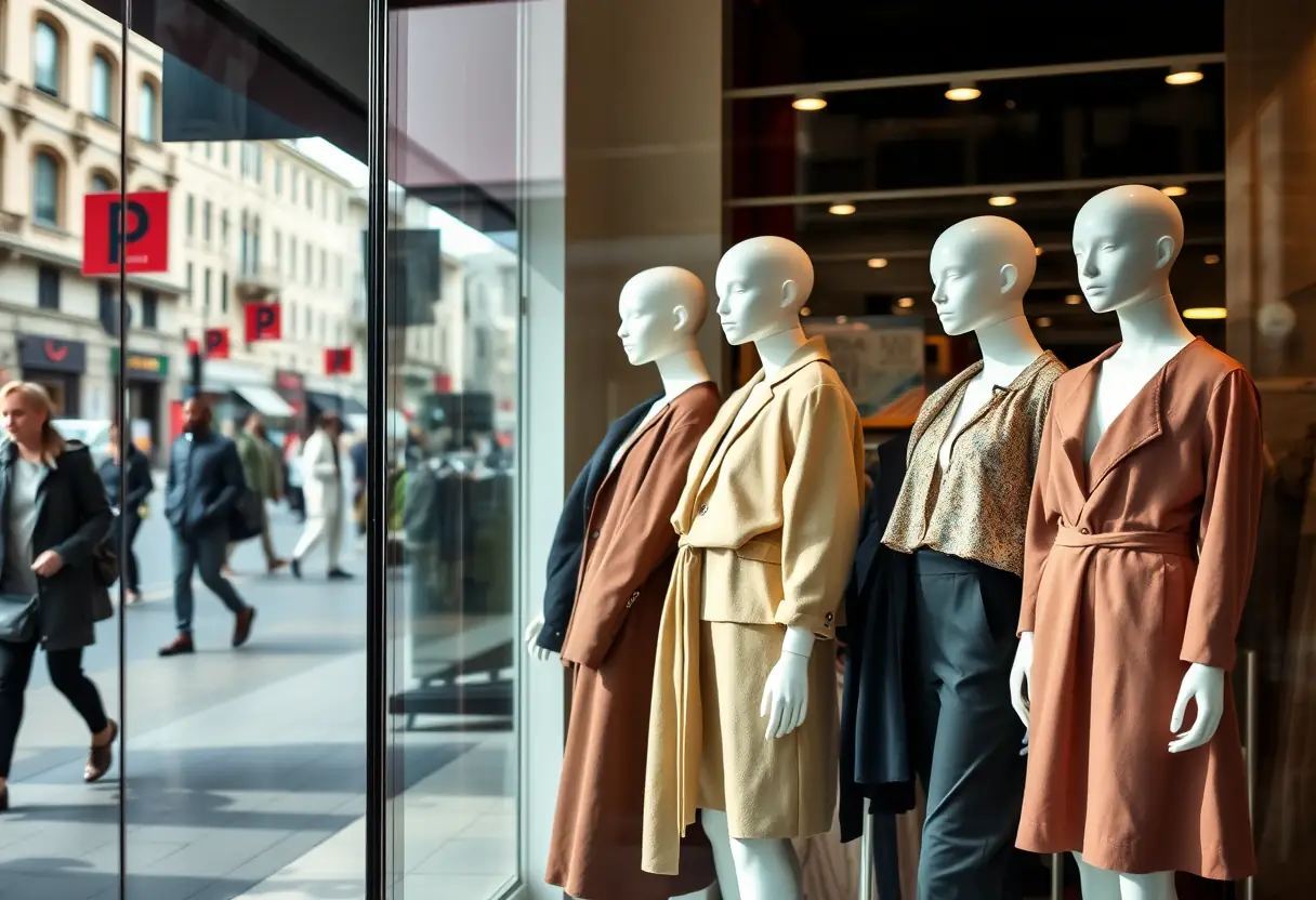 Fileira de manequins em uma vitrine de loja exibindo vários conjuntos contra um fundo de uma rua movimentada