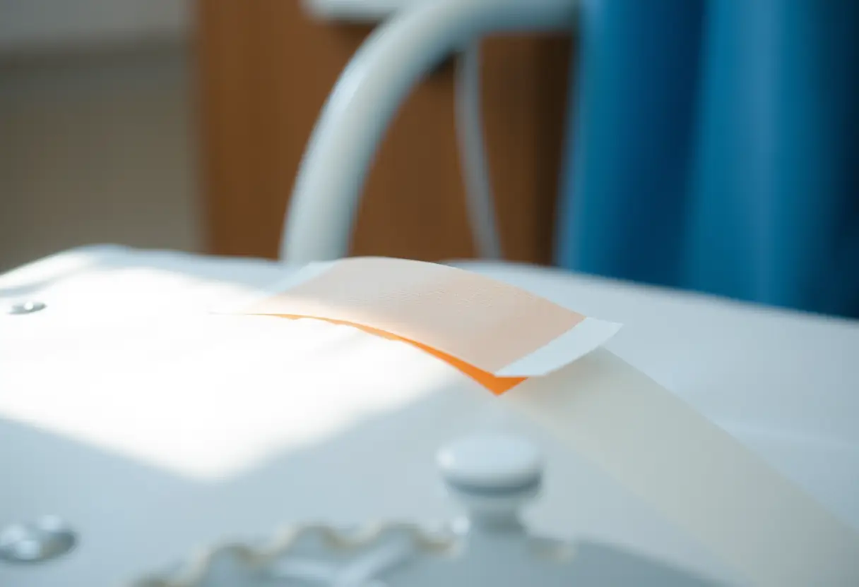 fita adesiva cirúrgica em curativo em cima de uma cama de hospital